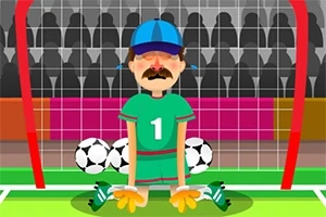 En tegneseriefigur af en målvogter iført en grøn dragt og blå kasket, der sidder på knæ foran et fodboldmål med flere fodbolde bag sig