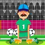 En tegneseriefigur af en målvogter iført en grøn dragt og blå kasket, der sidder på knæ foran et fodboldmål med flere fodbolde bag sig