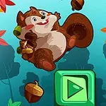 En glad egern med nødder omgivet af faldende blade og en grøn play-knap