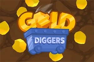 Blå minevogn med teksten Gold Diggers omgivet af gyldne klumper og en brun baggrund