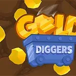 Blå minevogn med teksten Gold Diggers omgivet af gyldne klumper og en brun baggrund