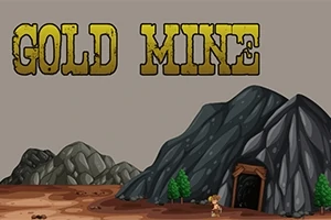 Tegnet billede af en mineindgang i et bjerglandskab med teksten Gold Mine øverst