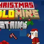 Julemotiv med en pixelgrafik julemand, blokke i forskellige farver, en pebermyntestok og teksten Christmas Gold Mine Strike øverst