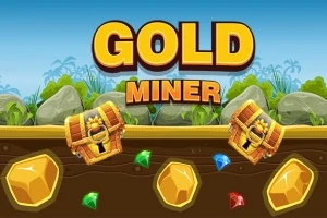 Store bogstaver i guldstil, GOLD MINER, med skinnende skatte og ædelsten på en baggrund med jord og klipper