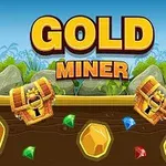 Store bogstaver i guldstil, GOLD MINER, med skinnende skatte og ædelsten på en baggrund med jord og klipper