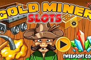 En tegneserie-stil illustration med en skægget mand i cowboyhat, omgivet af guld, krystaller og en minevogn, med teksten Gold Miner Slots