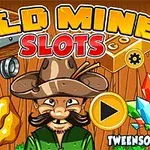 En tegneserie-stil illustration med en skægget mand i cowboyhat, omgivet af guld, krystaller og en minevogn, med teksten Gold Miner Slots