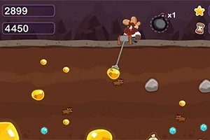Animation af en minearbejder der bruger en klo for at samle guldklumper i en underjordisk mine