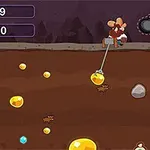 Animation af en minearbejder der bruger en klo for at samle guldklumper i en underjordisk mine