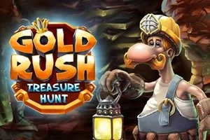 En tegneseriefigur iført hjelmhue holder en lanterne i en mine ved siden af teksten Gold Rush Treasure Hunt