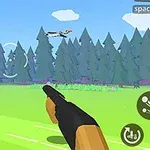 En stiliseret spilscene med en hånd, der sigter en pistol mod flyvende ænder i en skovrig baggrund