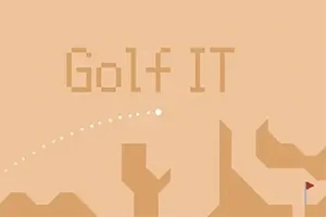 En beige skærm med teksten Golf It, en buet bane af en hvid prik, og en rød flagmarkør i nederste højre hjørne