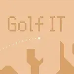 En beige skærm med teksten Golf It, en buet bane af en hvid prik, og en rød flagmarkør i nederste højre hjørne