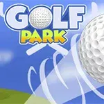 Golfbold i bevægelse mod en blå himmel med GOLF PARK tekst i baggrunden