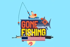 En mand fisker oven på teksten Gone Fishing med en haj, et gevær og et amerikansk flag i baggrunden
