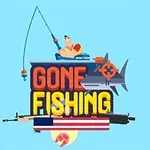 En mand fisker oven på teksten Gone Fishing med en haj, et gevær og et amerikansk flag i baggrunden