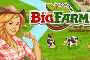 Big Farm En tegnet kvinde i cowboytøj står foran en landbrugsscene med græsarealer, køer og en flod