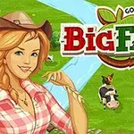 Big Farm En tegnet kvinde i cowboytøj står foran en landbrugsscene med græsarealer, køer og en flod