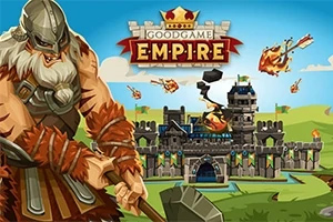 Goodgame Empire En kriger i rustning står foran et middelalderligt slot, mens flammende projektiler flyver gennem luften