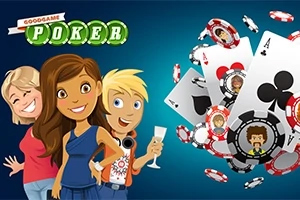 Tre animerede figurer smiler ved siden af flyvende spillekort og pokerchips på en blå baggrund
