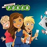 Tre animerede figurer smiler ved siden af flyvende spillekort og pokerchips på en blå baggrund