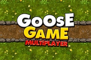 Tekst med ordene Goose Game Multiplayer ovenpå en grøn græsbaggrund med blomster og en sti af sten gennem midten