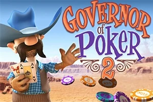 En tegneseriefigur med cowboyhat og overskæg holder kort i hånden foran en ørkenbaggrund, omgivet af pokerchips og teksten Governor of Poker 2