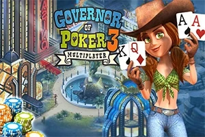 Governor of Poker 3 En kvinde iført cowboyhat holder spillekort foran en bygning med neonlys, med pokerchips i forgrunden