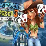 Governor of Poker 3 En kvinde iført cowboyhat holder spillekort foran en bygning med neonlys, med pokerchips i forgrunden