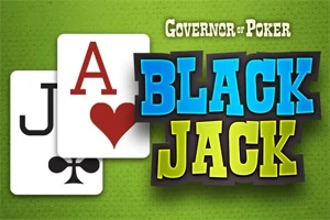 To spillekort, et spar knægt og et hjerter es, med teksten BLACK JACK i farvestrålende bogstaver på en grøn baggrund