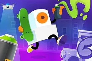 En tegneserie-robot med et skateboard og spraymaling hopper gennem en oplyst byscene med grafittielementer