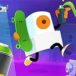 En tegneserie-robot med et skateboard og spraymaling hopper gennem en oplyst byscene med grafittielementer