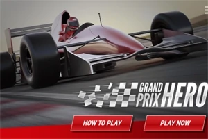 En rød racerbil med en kører og teksten Grand Prix Hero sammen med knapperne How to Play og Play Now