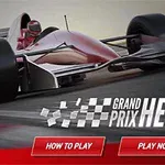 En rød racerbil med en kører og teksten Grand Prix Hero sammen med knapperne How to Play og Play Now