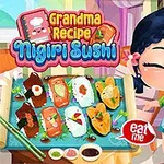 Tegneseriefigur i køkken omgivet af nigiri sushi og telefon med opskrift