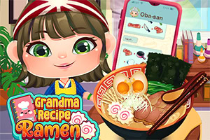 Tegnet pige med store øjne ved siden af en skål med ramen og en mobiltelefon