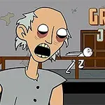 Tegnet billede af en ældre kvinde med store, sorte øjne og gråt hår i et slidt hus, med teksten Granny Jigsaw i hjørnet