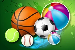 Forskellige farverige bolde, herunder en basketball, fodbold, tennisbold, baseball og en strandbold, på en grøn baggrund