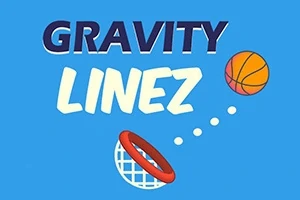 Blå baggrund med teksten GRAVITY LINEZ, en basketball og en rød basketballkurv