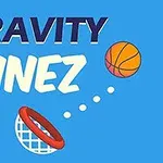 Blå baggrund med teksten GRAVITY LINEZ, en basketball og en rød basketballkurv