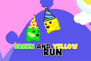 To farverige figurer med festhatte på en blå bakgrund med tekst Green and Yellow Run