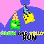 To farverige figurer med festhatte på en blå bakgrund med tekst Green and Yellow Run