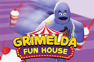 En lilla tegneseriefigur løber langs en sti med milkshakes i baggrunden, mens teksten Grimelda Fun House vises i forgrunden