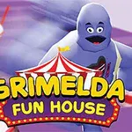 En lilla tegneseriefigur løber langs en sti med milkshakes i baggrunden, mens teksten Grimelda Fun House vises i forgrunden