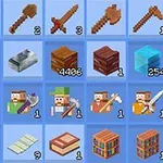 Et pixelgrafik-inventar på en blå baggrund med forskellige værktøjer, blokke, figurer og bøger