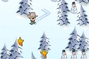 En person på ski iført en cowboyhat bevæger sig mellem sneklædte træer og snemænd, mens gyldne stjerner er spredt rundt omkring