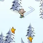 En person på ski iført en cowboyhat bevæger sig mellem sneklædte træer og snemænd, mens gyldne stjerner er spredt rundt omkring