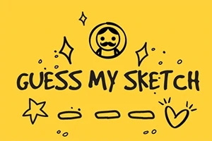 Tegning af en smilende mand med overskæg omgivet af stjerner og hjerte på gul baggrund med teksten Guess My Sketch