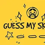 Tegning af en smilende mand med overskæg omgivet af stjerner og hjerte på gul baggrund med teksten Guess My Sketch