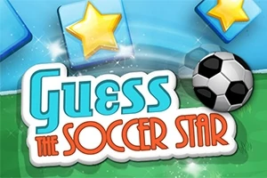 Logo med tekst Guess the Soccer Star i blå og orange skrift på en grøn baggrund med en fodbold og stjerner